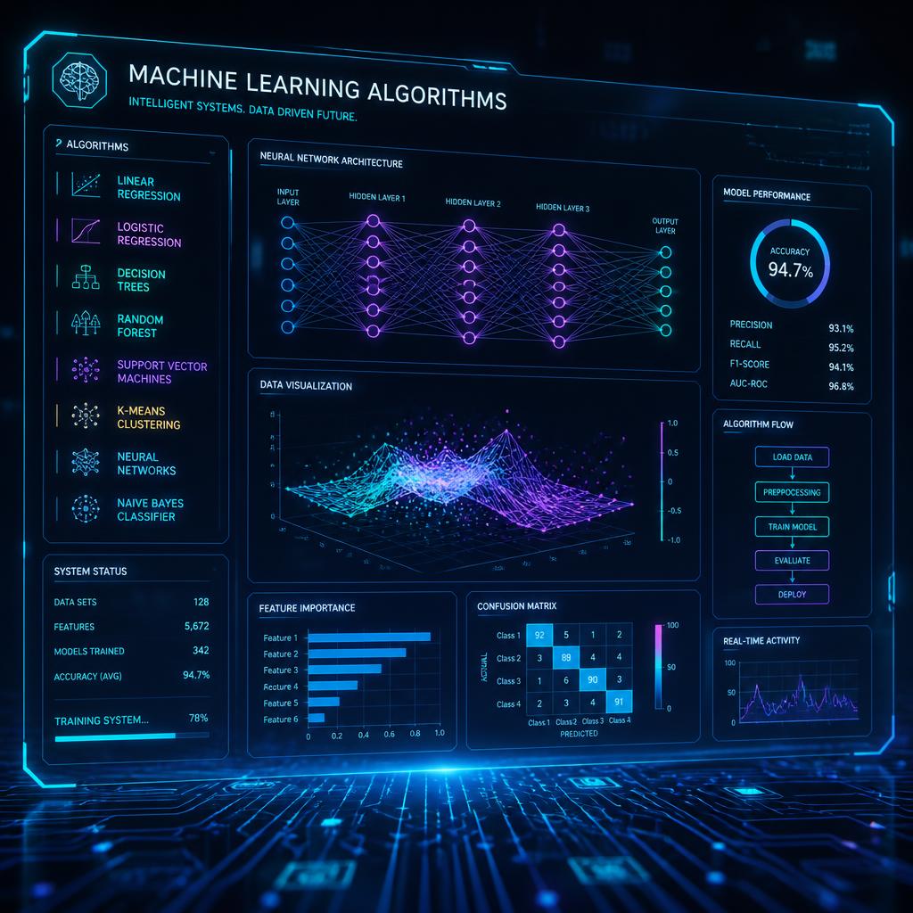 Holographic interface displaying machine learning algorithms with geometric data visualizations and glowing circuit board patterns